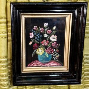 Vintage 1960s bouquet painting on velvet, thick oversized wood framed